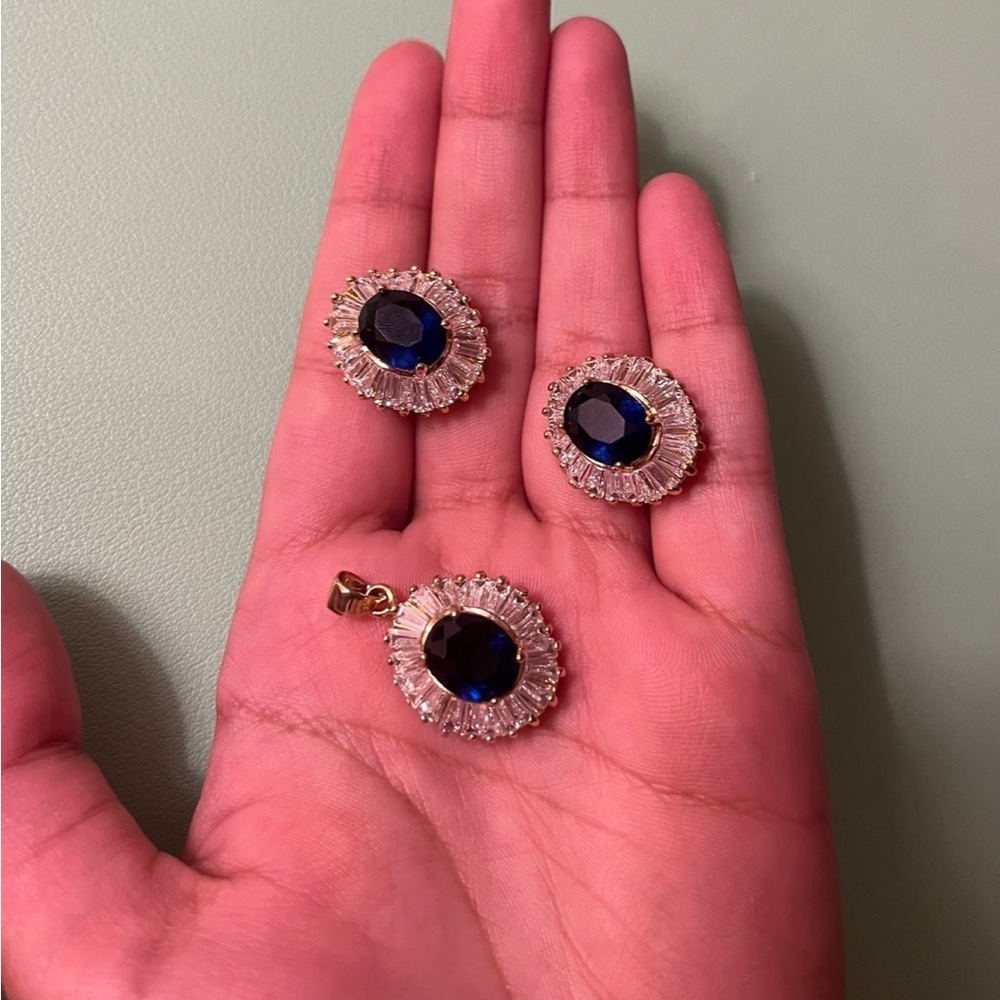 Matching Blue Gem Pendant and Earrings